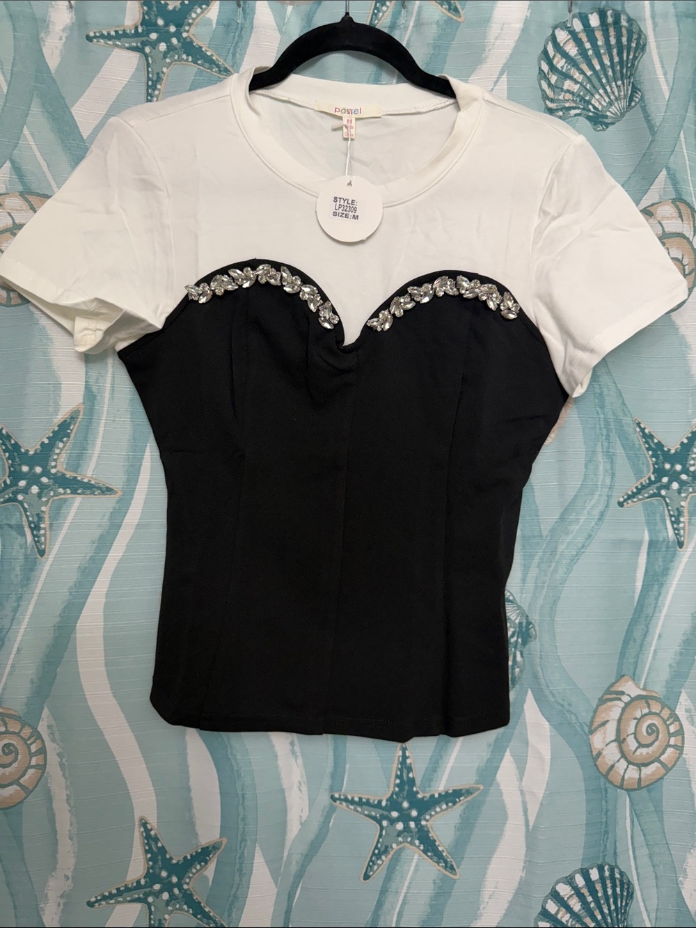Pastels Black and White Jeweled Bustier-Style Tee
